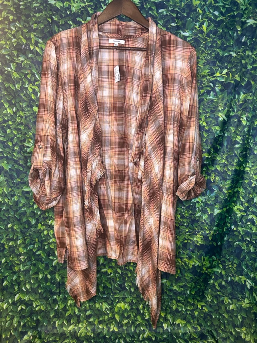 Maurices Plaid Open Blazer in Brown, Cream & Pink Tones